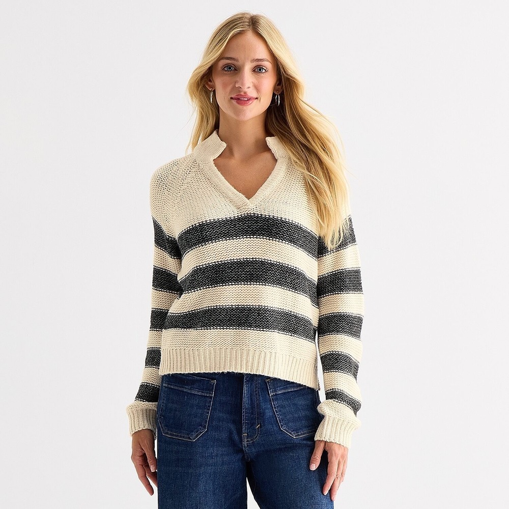 MSRP $42 a.n.a Womens XL Tall Birch Stripe Split Crew Neck Pullover Sweater